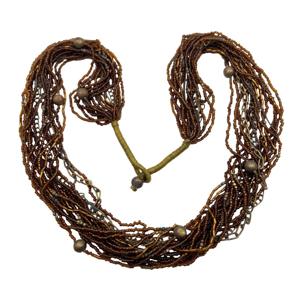 Handmade Multi-Strand Brown Seed Bead Necklace Metal Accents Heavy Patina Boho
